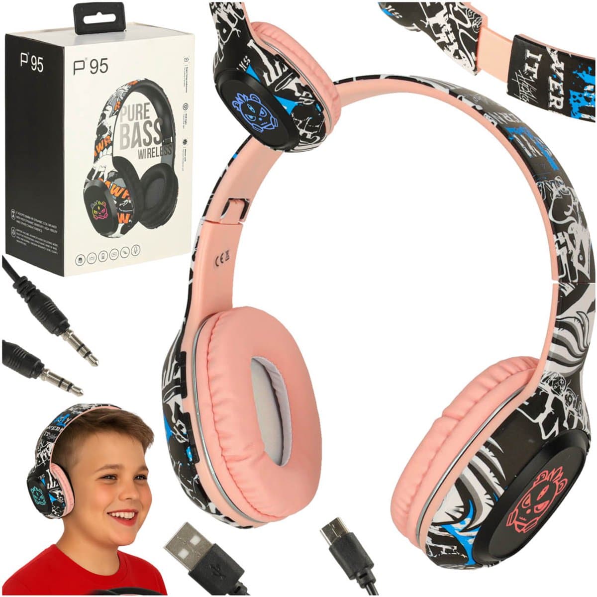 MOZY® - Draadloze Koptelefoon - Roze Graffiti - Bluetooth - tot 10 Meter - tot 100 uur - Bedieningspaneel - Micro SD-kaartlezer - Hoofdtelefoon Kinderen - Verstelbaar — afbeelding 1