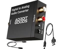 AdroitGoods Digitaal naar Analoog audioconverter - 192 kHz Audio Adapter voor Toslink naar RCA R/L - Met Optische Kabel en Voedings Adapter