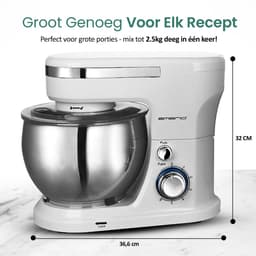Emerio Keukenmachine 5 Liter - 1000W Keukenrobot - Foodprocessor - Keukenmixer met RVS Mengkom - 6 Snelheden - Inclusief Klopper, Deeghaak en Garde - KM-123117 Wit — thumbnail 5