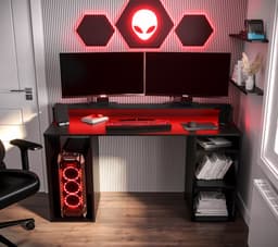 Game Bureau Gaming Desk met LED Verlichting Tafel Computer Bureau - (LxHxP): 50x90x138 cm - SHOT 1 (Zwart + Rode LED) — thumbnail 2