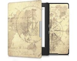 kwmobile e-reader hoesje geschikt voor Kobo Aura H2O Edition 1 hoes - E reader flip case met magnetische sluiting - Ereader cover - Vintage Travel design in bruin / lichtbruin