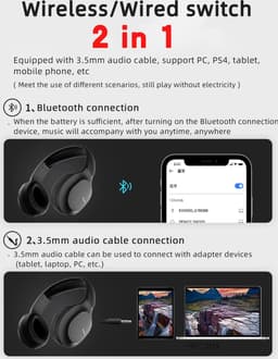 DrPhone SM Draadloze Qualcomm Bluetooth 5.0 + Aux 3.5mm Koptelefoon met Stereo & HI-FI geluid – CVC 8.0 Ruisonderdrukking - 1000maH - Wit — thumbnail 3