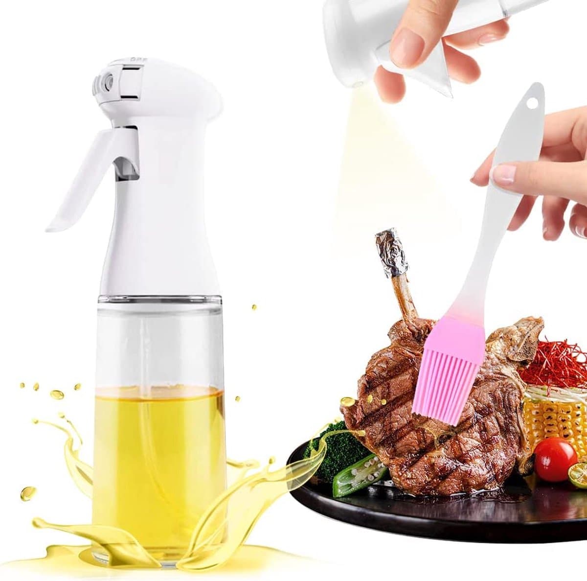 Rolin Roly Olie Sproeier Dispenser Olijfolie Fles Sprayer, Roze Borstel Witte Azijn Olijfolie Glazen Fles 200ml Keuken Gadgets voor Air Fryer Koken Salade Bakken BBQ (Wit) — afbeelding 1