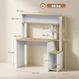 Computerbureau, 114 x 45 x 138 cm, bureau met opbergruimte, open planken en pc-houder, wit en naturel hout — thumbnail 2