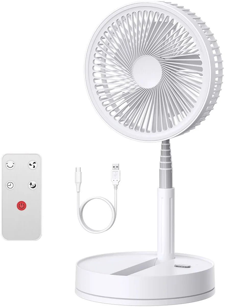 Opvouwbare Statiefventilator - Draadloze Ventilator met Afstandsbediening - 9000mAh Accu - USB-C Oplaadbaar - 4 Snelheden - Oscillatie 55° - Timer 1-4 uur - Wit — afbeelding 1