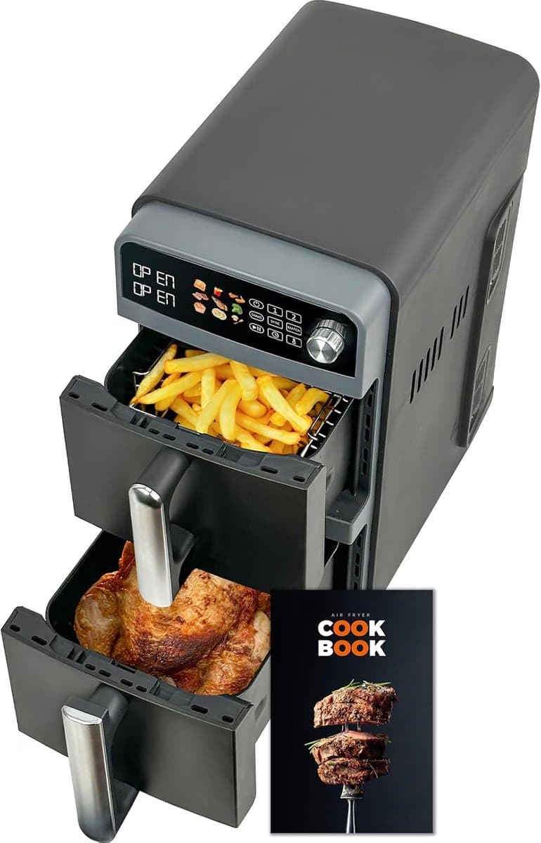 Heteluchtfriteuse Dubbel - XL Airfryer - Gelijkmatig Koken - Twee Kamers - 10 Liter - Donkergrijs — afbeelding 1