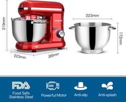 Keukenmachine 1500W – 6 Snelheden – 6L RVS Mengkom – Met Garde, Deeghaak en Menghaak – Rood — thumbnail 5