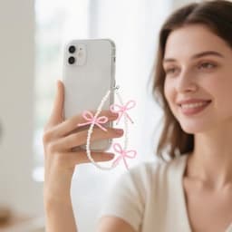 2 stuks kralen telefoonhangers met strikjes, universele esthetische delicate schattige parel strik kralen telefoon polsband voor tas camera oordopjes hoesjes decoratie (roze en paars) — thumbnail 4