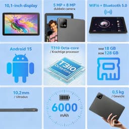 SnelShoppen - 10 Inch Android 15 Tablet met Oplader, 18GB RAM, 128GB Opslag, Octa-Core T30, Widevine L1, WiFi 5, 6000mAh Batterij, Uitbreidbaar tot 1T — thumbnail 1