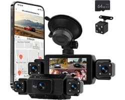 SnelShoppen - 360 Graden Auto Dashcam 4 Kanalen 1080P met Wifi, 3 Inch IPS-Scherm, 64 GB, G-Sensor, Achteruitrijcamera, 24 Uur Parkeermodus, Nachtzich