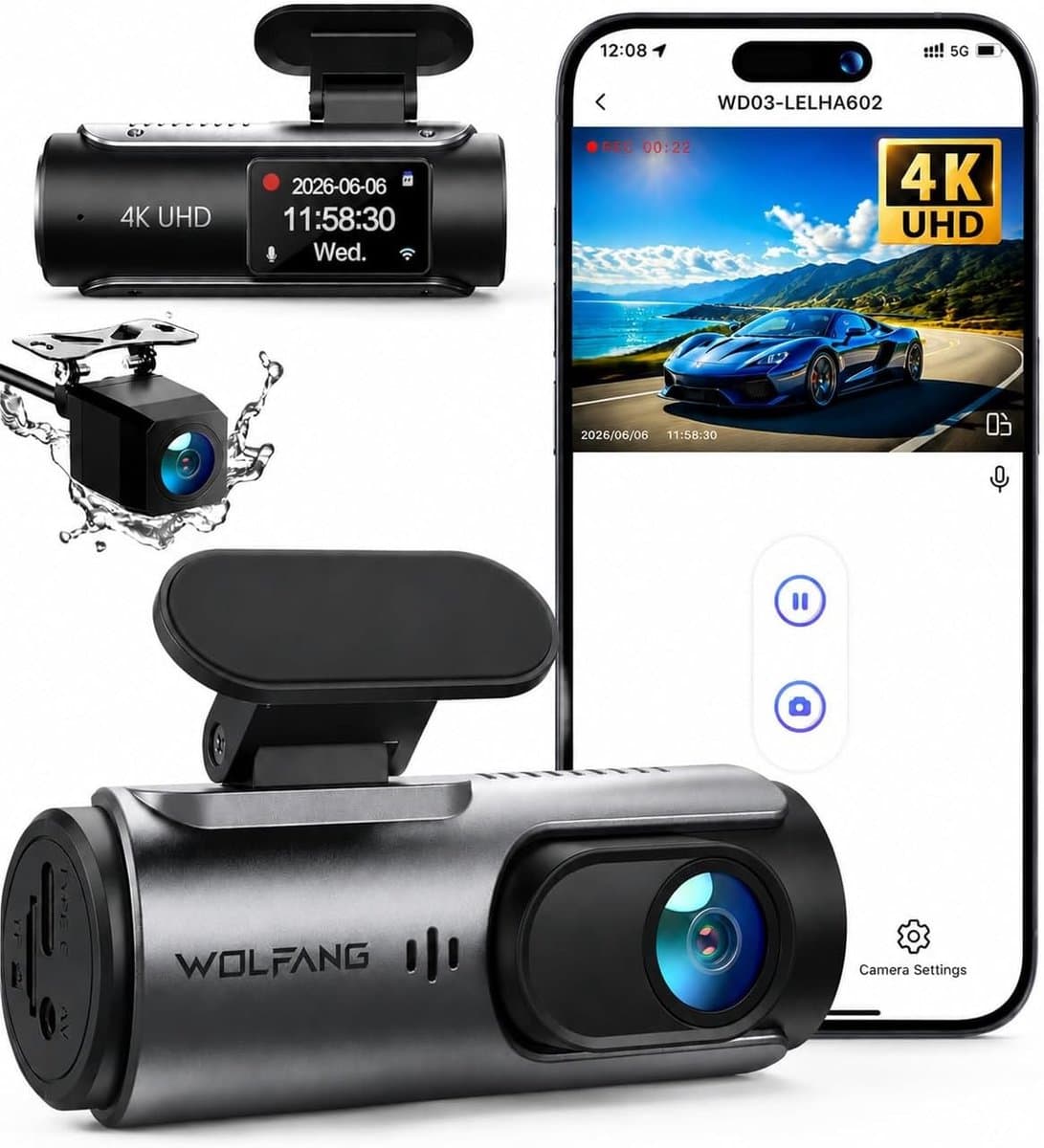 Dashcam voor auto - Zwart - 4K Ultra HD - Met Achtercamera en Nachtzicht - Voor Veilig Rijden — afbeelding 1