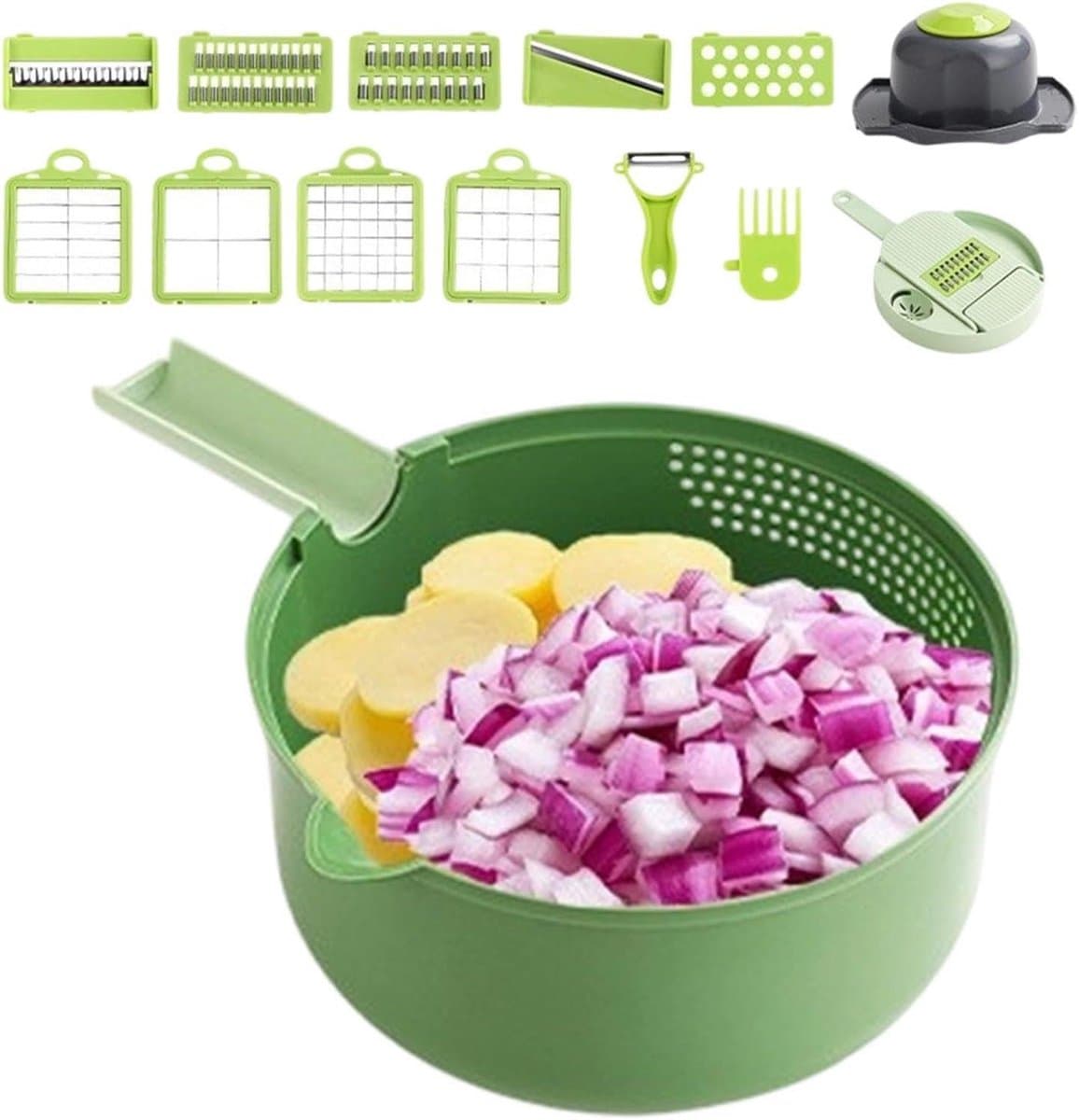 Groentehakker Snijder - Keukenmachine Gadget - Maaltijd Voorbereiden - 16-in-1 Systeem - 20x20x13 cm - Grijs — afbeelding 1
