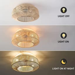 Plafondventilator met verlichting stil retro design afstandsbediening 6 snelheden bamboe rotan 48 cm E27 lamp — thumbnail 2