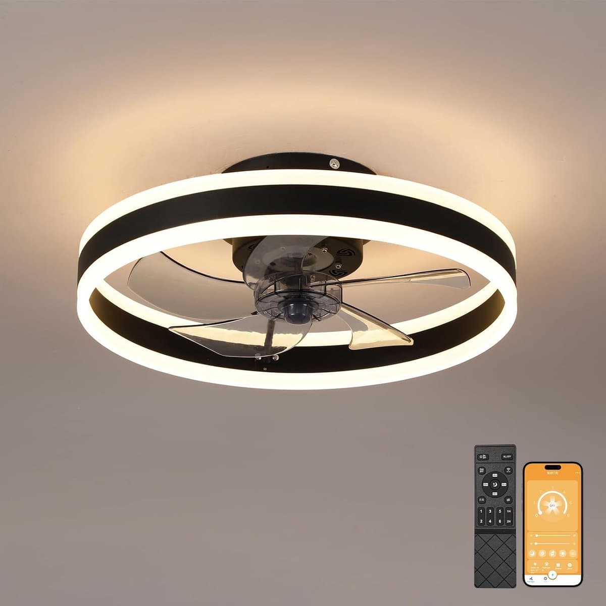 LED-plafondventilator met verlichting- platte plafondventilator met verlichting- 6 snelheden en omkeerbare windrichting voor alle seizoenen- dimbare LED- 40 cm -zwart — afbeelding 1