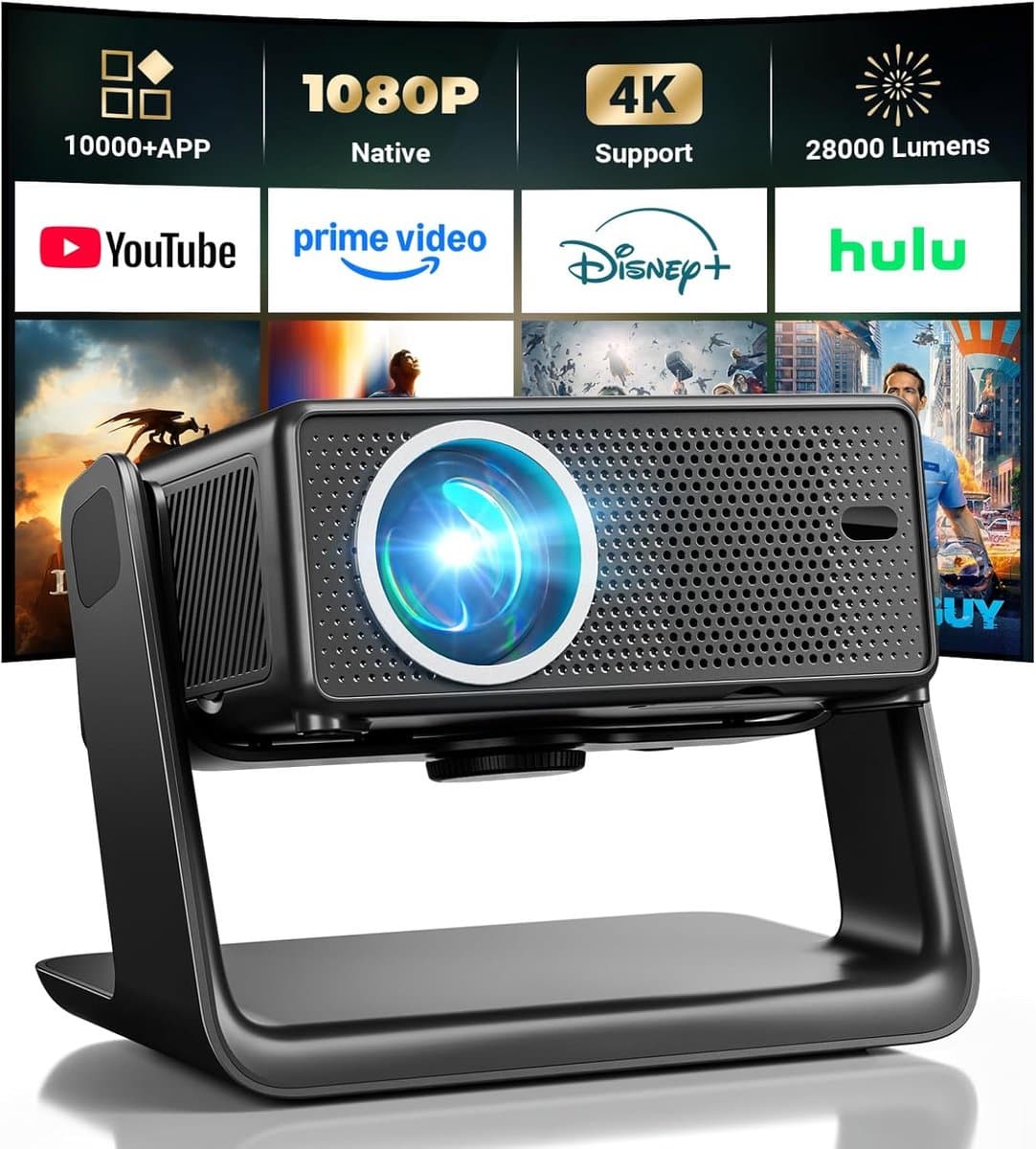 SnelShoppen - 4K Wi-Fi Bluetooth Projector met Netflix/YouTube/Prime Video, 360° Rotatie, 180° Verstelbaar, Ideaal voor Feest, Camping, Thuisbioscoop — afbeelding 1
