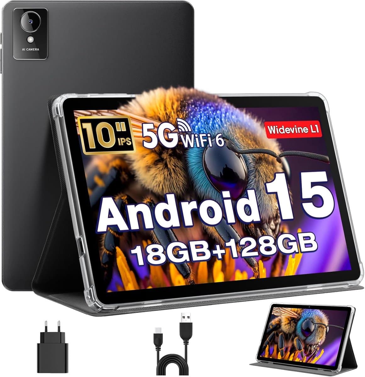 SnelShoppen - Tablet 10 Inch Android 15 | Octa-Core 18GB RAM 128GB ROM 1TB TF | HD IPS Scherm 5MP + 8MP Camera | WiFi 6 Bluetooth 5.0 | Ideaal voor Mu — afbeelding 1