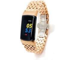 Stalen Smartwatch bandje - Geschikt voor Fitbit Charge 5 / Fitbit Charge 6 stalen draak band - rosé goud - Strap-it Horlogeband / Polsband / Armband