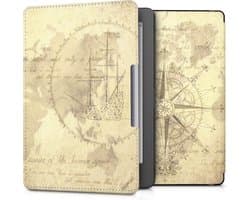 kwmobile e-reader hoesje geschikt voor Kobo Aura Edition 2 hoes - E reader flip case met magnetische sluiting - Ereader cover - Vintage Travel design in bruin / lichtbruin