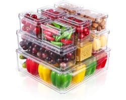 Koelkastorganizer, set van 10, transparant, stapelbare opbergdoos, organizerset, koelkastdoos, voorraadkast voor keukens, koelkasten, kasten