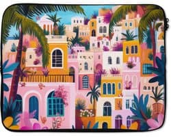 Laptophoes 17 inch - Kleurrijk - Roze - Oranje - Geel - Bloemen - Laptop sleeve - Binnenmaat 41x28 cm - Zwarte achterkant