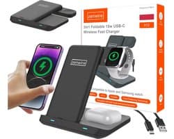 Zenwire X12 3-in-1 Draadloze Oplader (15W snellader USB-C) - Opvouwbaar - Wireless Fast Charger - Geschikt voor iPhone & Android Smartphones - Geschikt voor Smartphone Apple iPhone iWatch TWS Airpods Galaxy Buds Watch - Draadloos Qi Station