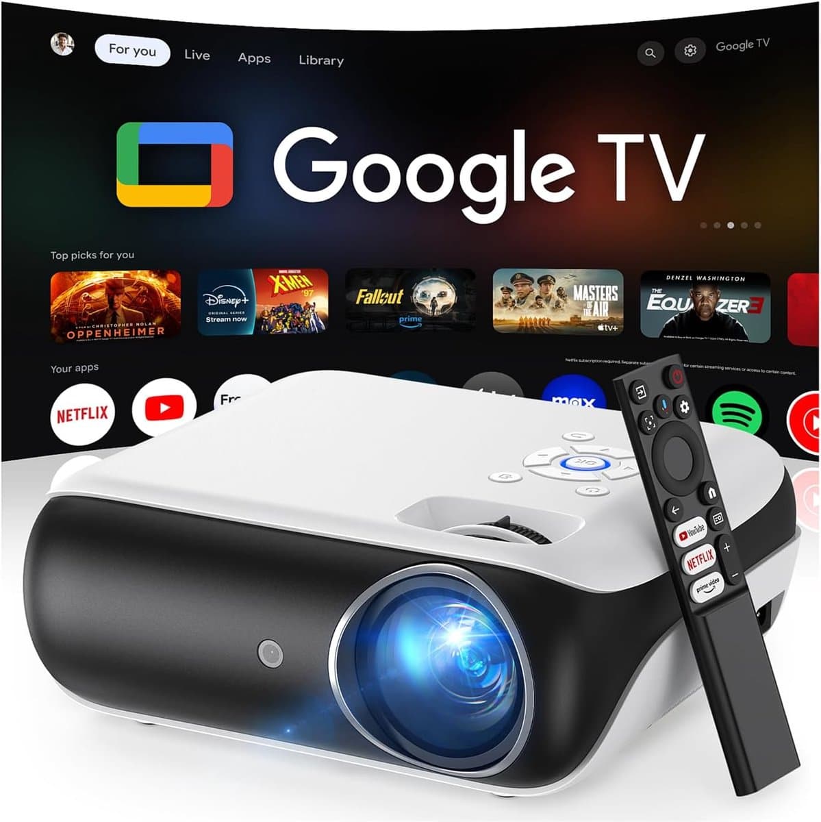 Beamer - 4K Projector - Google TV Official - 1000 ANSI Lumen - 1080P Full HD - Dolby Audio - WiFi 6 - Bluetooth 5.2 - Home Cinema - Spraakbesturing - Netflix Prime Video YouTube — afbeelding 1