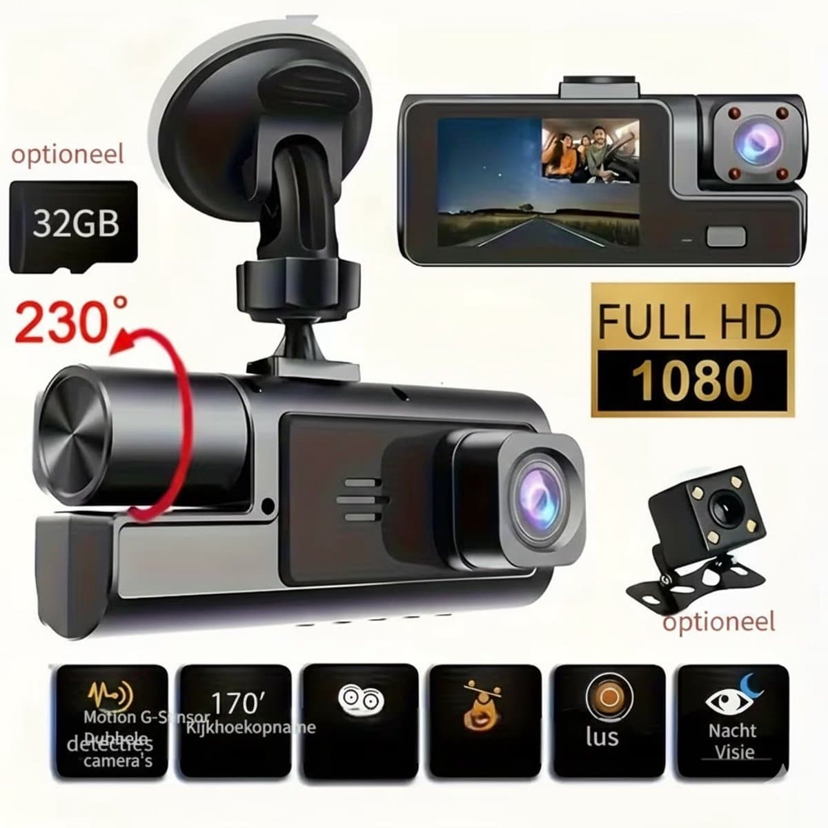 1080p Dashcam voor Auto met Infrarood Nachtzicht, Ingebouwde Audio, 32 GB Geheugenkaart, Loop Recording en Parkeermodus – Voertuigbeveiligingscamera voor Continu Bewaken — afbeelding 1