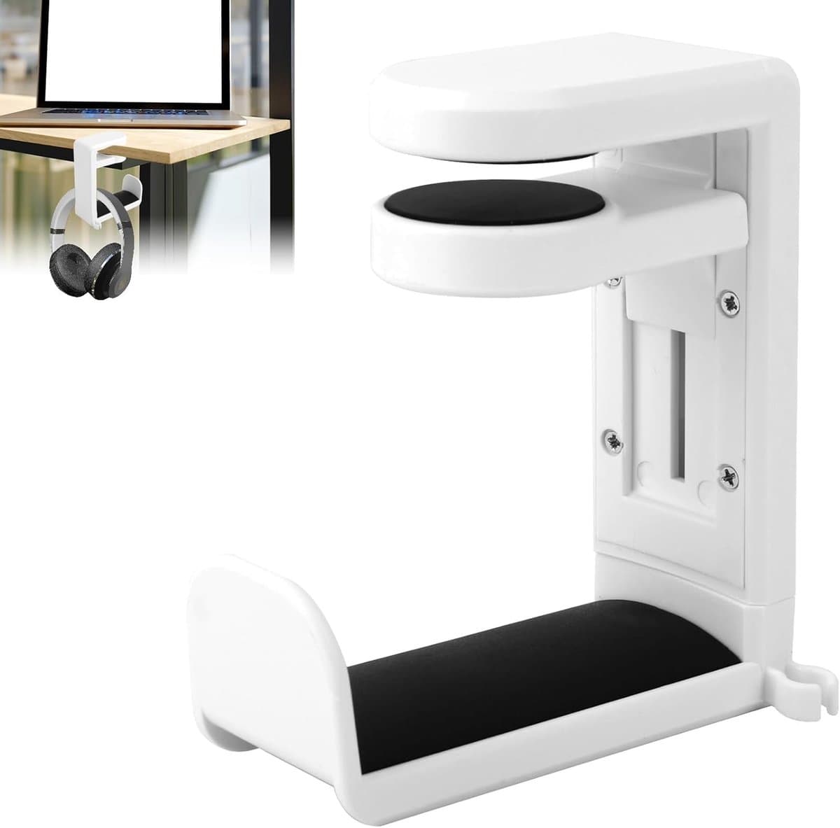 Koptelefoon standaard - Hoofdtelefoon hanger - Koptelefoon houder voor onder bureau - Headset hanger - Headset standaard - Opbergrek - Haken - met 360 graden draaibare haak en kabelclip - voor hoofdtelefoons, petten, brillen - wit — afbeelding 1