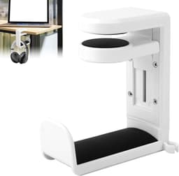 Koptelefoon standaard - Hoofdtelefoon hanger - Koptelefoon houder voor onder bureau - Headset hanger - Headset standaard - Opbergrek - Haken - met 360 graden draaibare haak en kabelclip - voor hoofdtelefoons, petten, brillen - wit — thumbnail 1