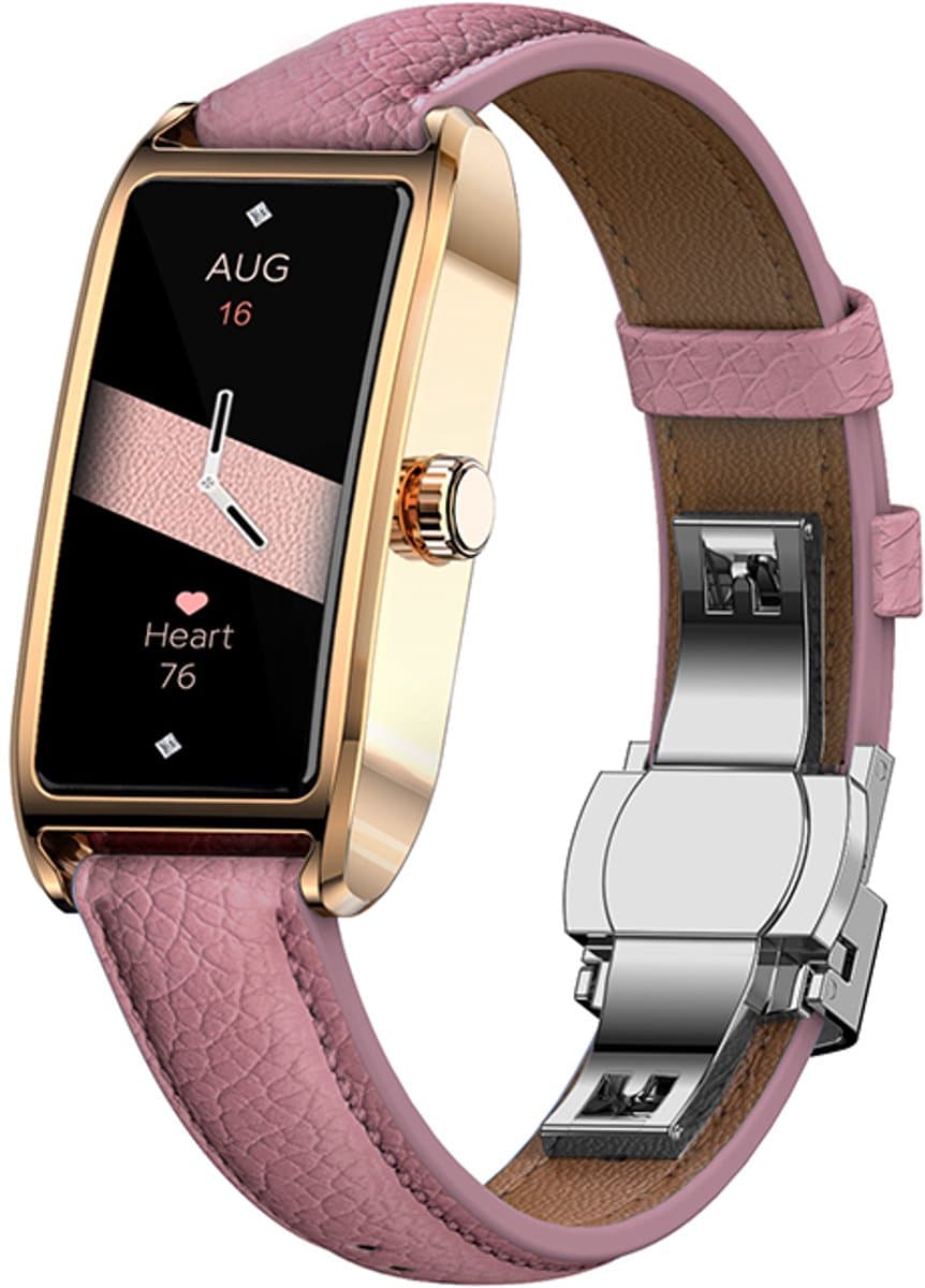 WizBay Premium Select® 1.13 Inch AMOLED Smartwatch Goud met Roze Leren Band – Hartslag, Bloeddruk SpO₂ Monitoring – Fitness Tracker – Elegant Vierkant Design – Android iOS — afbeelding 1