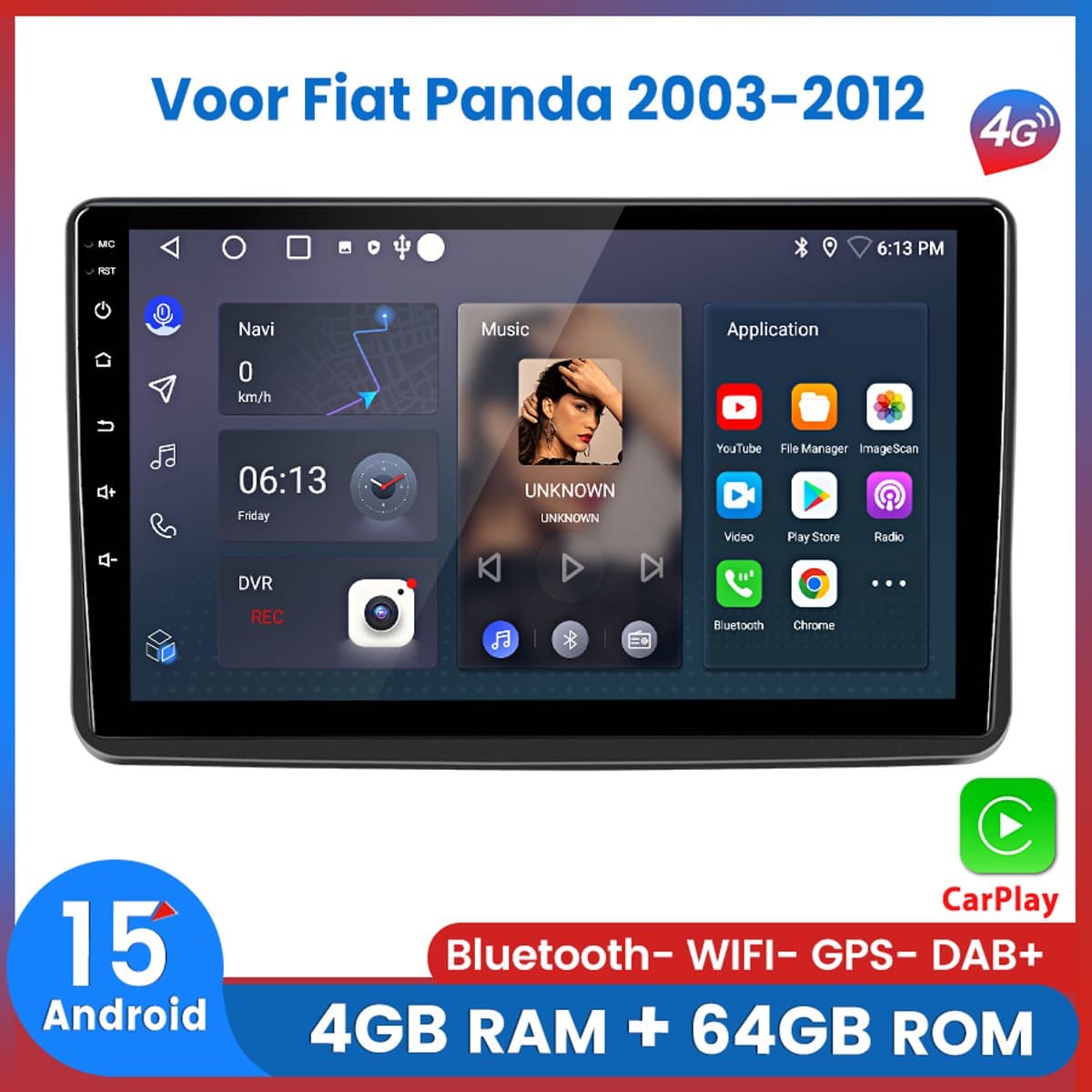 Awesafe 8-Core V1PRO 4+64GB Autoradio - Geschikt Voor Fiat Panda 2003 t/m 2012 - Draadloze Carplay Android Auto - Touchscreen - GPS Navigatie 4G WiFi - Bluetooth Radio - 2003 2004 2005 2006 2007 2008 2009 2010 2011 — afbeelding 1