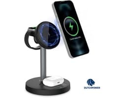 DUTCHPOWER Simple Tower – 3-in-1 Draadloos Oplaadstation – Voor iPhone, Apple Watch en AirPods – Verticaal en Compact Ontwerp – 15W Snellader – Zwart