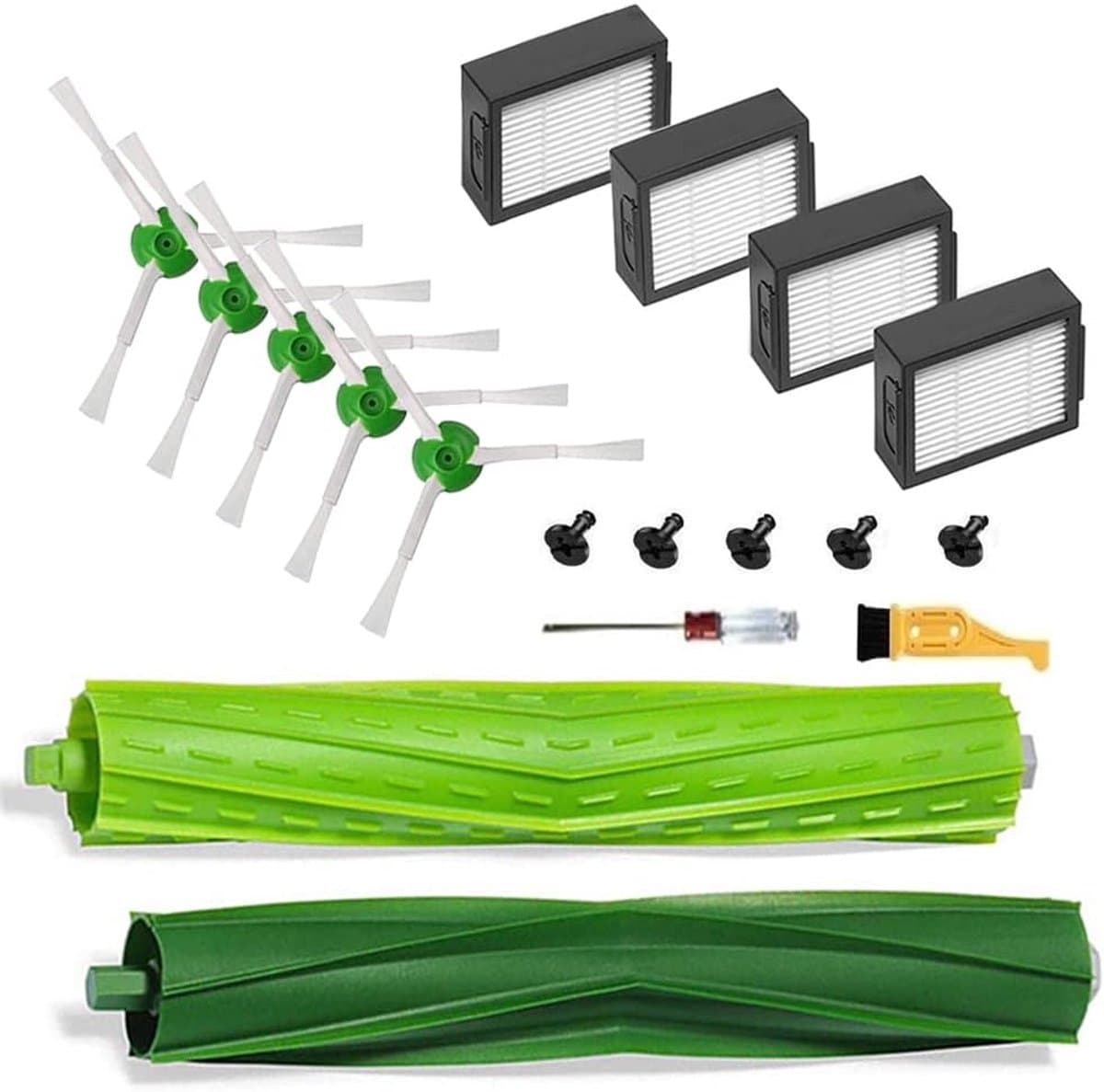 18-delige set-Vervangende onderdelen en accessoires voor iRobot Roomba i7 i7+ i3 i3+ i4 i6 i6+ i8 i8+/Plus E5 E6 E7 I- E en J-serie stofzuigers- 1 set rubberen borstels voor meerdere oppervlakken- 4 HEPA-filters en 5 zijborstels — afbeelding 1