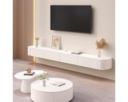 Modern Zwevend TV-Meubel met Opbergruimte | Wandmontage TV-Kast voor Woonkamer, 300 cm, Geschikt voor 75-100 inch Televisies | Hoogwaardig Massief Hout, Laden & Klapdeuren, Kabelmanagement Depauwwonen