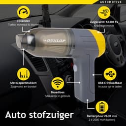 Dunlop Auto Stofzuiger Draadloos - Handstofzuiger met 5 Opzetstukken - USB-C Oplaadbare Auto Stofzuiger Snoerloos - Kruimeldief met 12000Pa Zuigkracht en Blaas Functie - Grijs/Geel — thumbnail 4