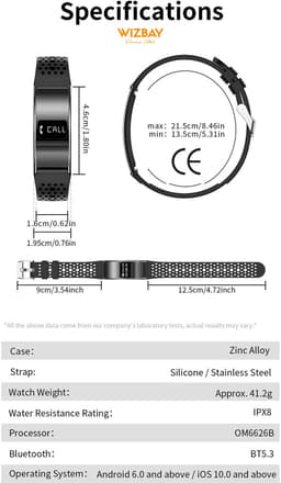 WizBay Premium Select® Smart Bracelet 2026 - Ultradun 2,8 mm - Hartslag en SpO2 - Slaapmonitor - 5ATM Waterdicht - Fitness Tracker - IPS Screen - Android en iOS - Zilver RVS Band extra Zwarte Siliconen Band — thumbnail 3