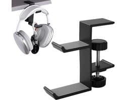 Dubbele Laag Hoofdtelefoonhouder - Universele Aluminium Legering - Gaming Hoofdtelefoonstandaard Onder Bureau - Hangende Haak - Zwart - 2