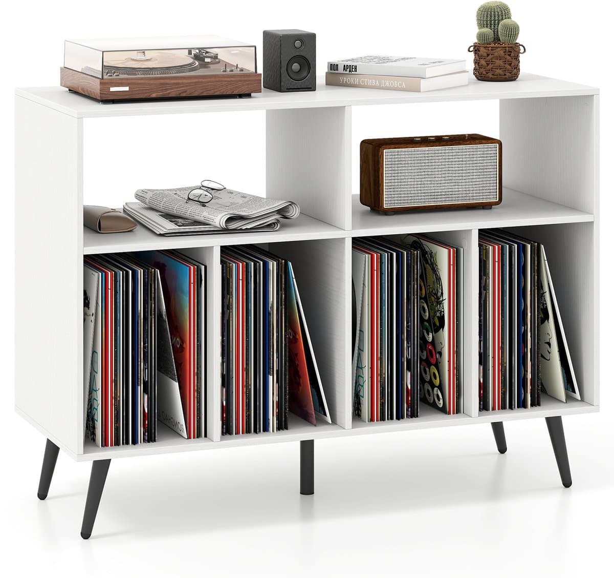 COSTWAY Draaitafel standaard 3-traps draaitafel kast met vinyl opbergplanken, opbergtafel voor vinylplaten, opberghouder voor woonkamer, muziekkamer (wit) — afbeelding 1