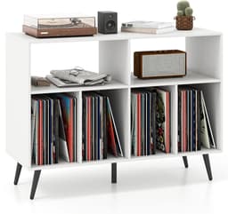 COSTWAY Draaitafel standaard 3-traps draaitafel kast met vinyl opbergplanken, opbergtafel voor vinylplaten, opberghouder voor woonkamer, muziekkamer (wit) — thumbnail 1