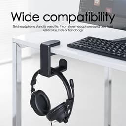 Koptelefoon standaard - Hoofdtelefoon hanger - Koptelefoon houder voor onder bureau - Headset hanger - Headset standaard - Opbergrek - Haken - met 360 graden draaibare haak en kabelclip - voor hoofdtelefoons, petten, brillen - zwart — thumbnail 4