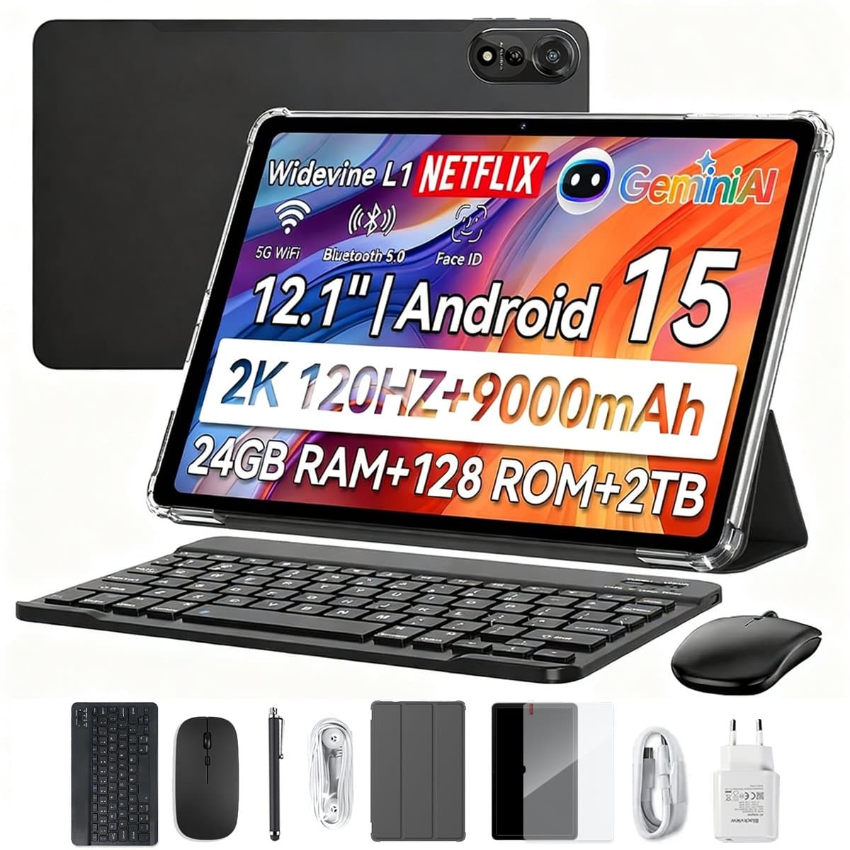 Blackview MEGA 2 Tablet Sets - 4G LTE+WiFi - 12 Inch - 24GB RAM - 128GB - Met Toetsenbord(QWERTY), Beschermhoes, Muis, Stylus - Android 15 - Widevine L1 - 9000mAh - Grijs — afbeelding 1