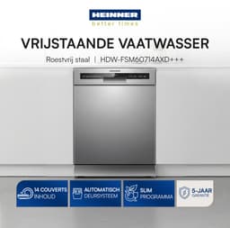 Heinner RVS Vaatwasser 60 cm — 14 Couverts, Auto-Deur Opening, Digitaal LED Display, 7 Programma's, Dual Zone, 5 Jaar Garantie — HDW-FSM60714AXD+++ — thumbnail 5