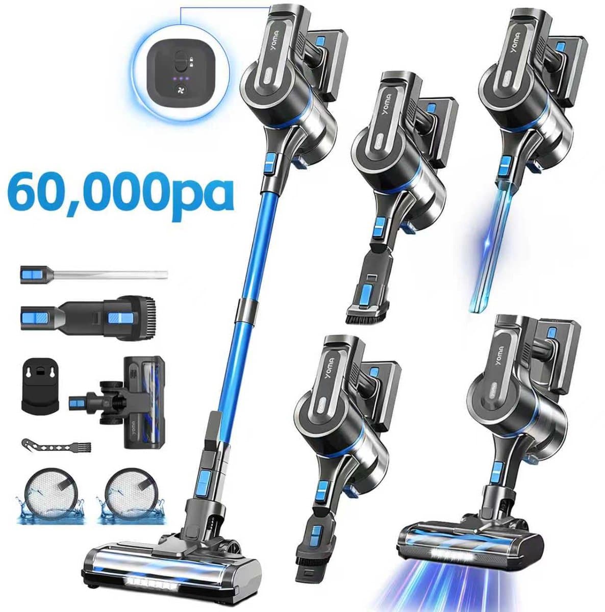 Grenintol 6-in-1 Steelstofzuiger Draadloos – Steelstofzuiger – 60.000 Pa – 2500 mAh Accu – Draadloze Stofzuiger - Accu tot 60 Minuten – Stofzuiger zonder Zak 1,2 L Stofbak – Stofzuiger Draadloos met LED Licht – Voor Tapijten en Harde Vloer – Blauw — afbeelding 1