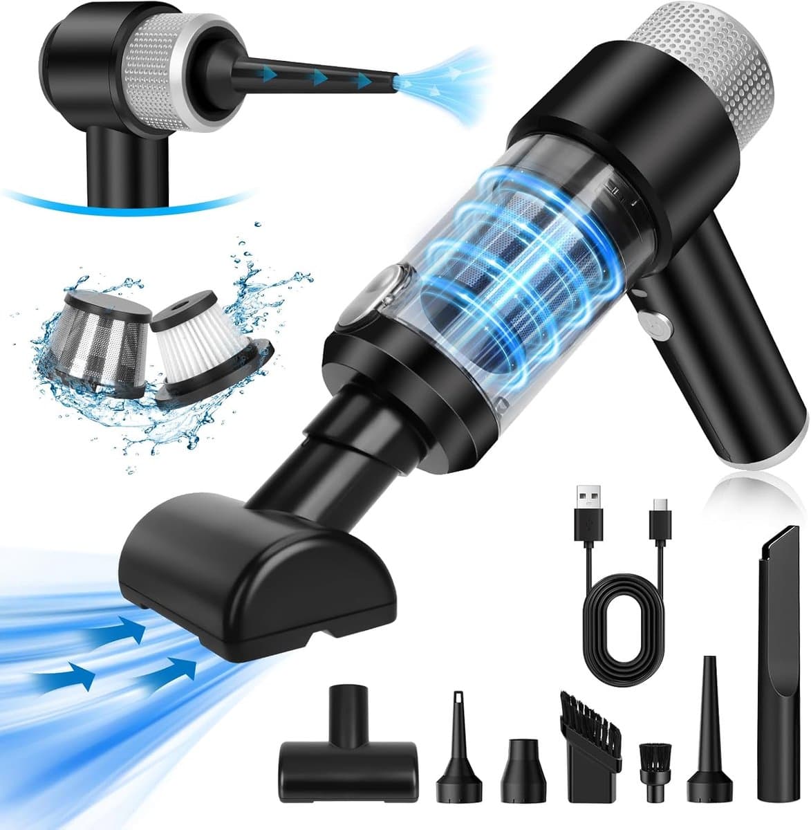 Handstofzuiger met Accu – 15000 PA | 4-in-1 Mini Autostofzuiger | Krachtige Draadloze Schoonmaker voor Auto, Keuken, PC, Bank, Huis & Huisdierenhaar | USB-oplaadbaar – Compact & Slim — afbeelding 1