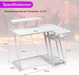 COSTWAY Bureau met stopcontacten en USB-poorten, kleine computertafel met monitorstandaard, hoofdtelefoonhaak, opbergvak en CPU-standaard, hoekbureau voor kleine ruimtes, 107 x 45 x 93 cm (wit) — thumbnail 2