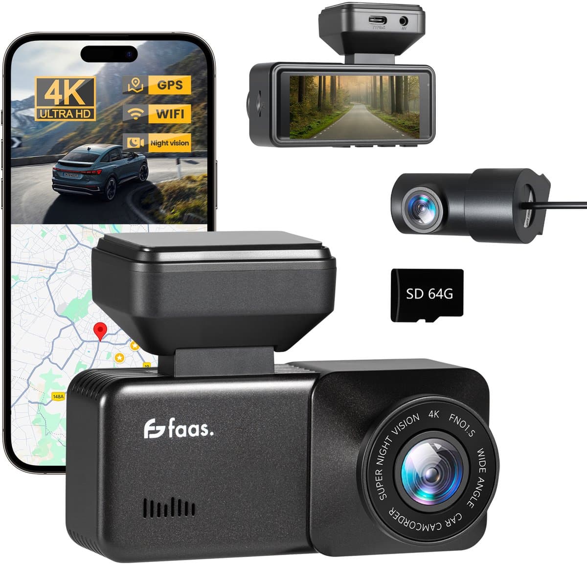Dashcam - Incl. GPS functie - Voor en achter camera - met 64GB SD - 4K Full HD - Dashcam voor Auto - Zwart - Faas — afbeelding 1