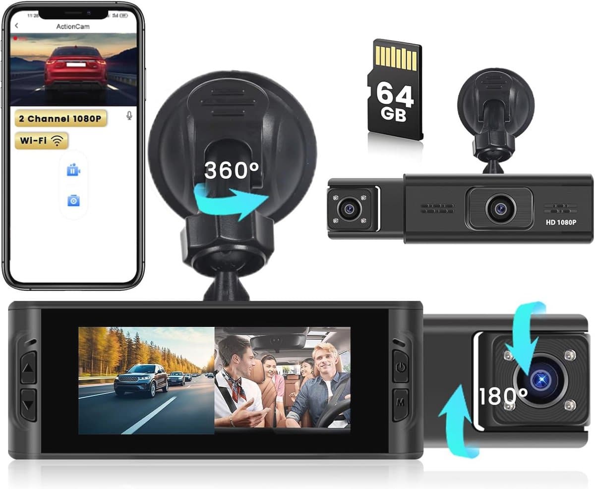 Draadloze WiFi Dashcam met 64 GB SD-kaart - FHD 1080P Auto Camera met Bewegingsdetectie en Loop-opname — afbeelding 1