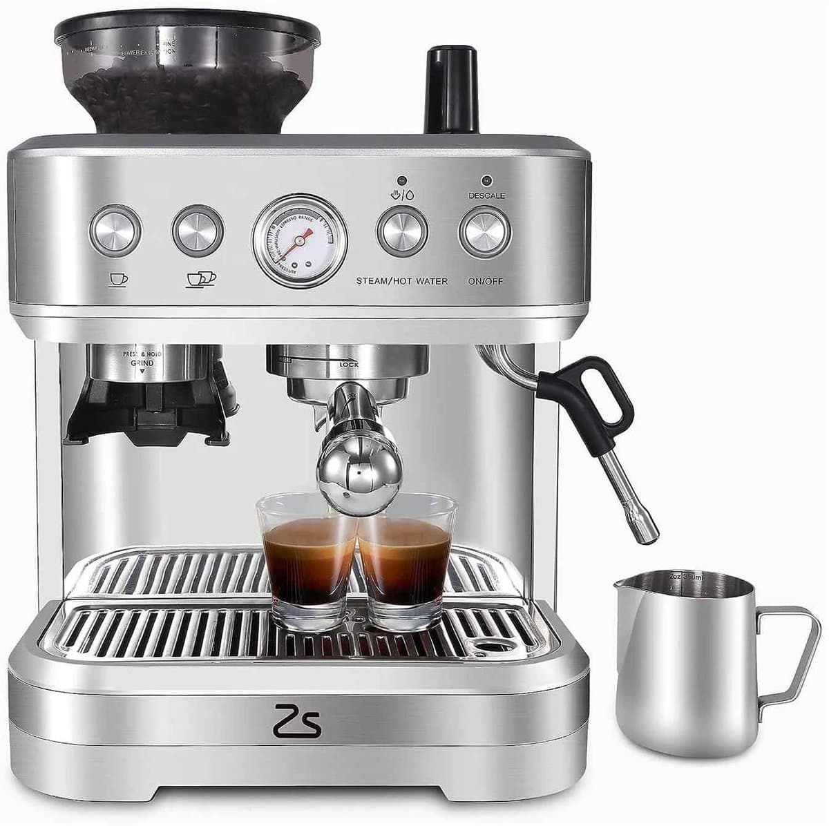 De Warenloods - Espressomachine met Bonenmaler - Koffiezetapparaat - Pistonmachine RVS - Koffiemachine met Melkopschuimer - Voor Espresso, Cappuccino en Latte - Warme Kopjes Functie — afbeelding 1