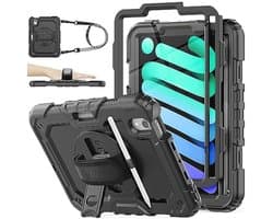 SEYMAC stock Case voor iPad mini 7 (A17 Pro) 2024/ Mini 6 2021 8,3 inch, Schokbestendige Case met Screenprotector, 360 Draaibare Standaard/handriem, Penhouder & Schouderriem,Zwart