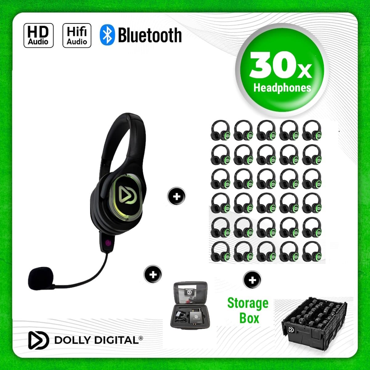 Dolly Digital® RD-Pro 30 Draadloze Koptelefoons voor groepen + Headmounted Microfoon – 30 HiFi Koptelefoons + Microfoon + Bluetooth + HiFi — afbeelding 1
